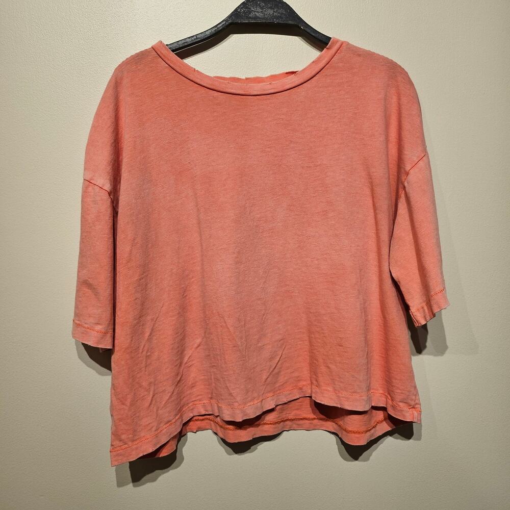 Aerie Medium Coral Pink Mineral Washed Distressed Cropped Tee